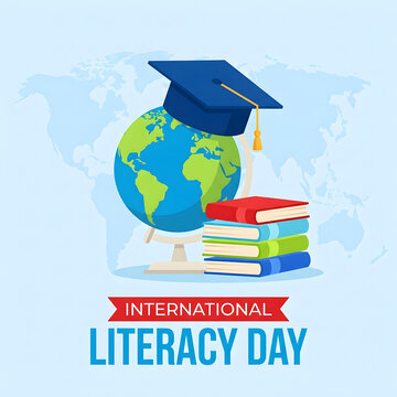 International Literacy Day concept. Graduation cap on globe with stack of colorful books.