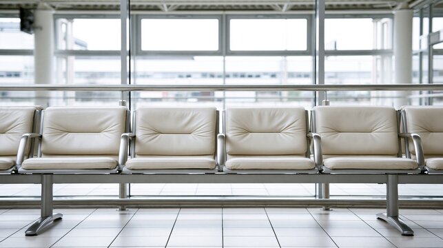 Empty modern waiting area with rows of clean white seats and large windows
