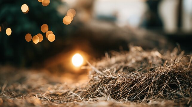 Cozy Rustic Christmas Scene with Bokeh Lights and Hay Bale