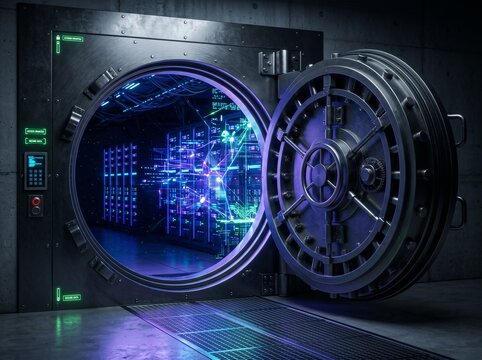 Massive open steel bank vault door revealing a glowing high tech digital data server room interior