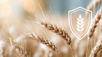 Obraz premium Golden wheat stalks in a field with white shield icon overlay representing protection and safety