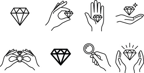 Fototapeta premium Luxury Diamond and Precious Gemstone Line Icon Set Featuring Hands Holding Jewelry Rings Magnifying Glass Appraisals and Sparkle Valuation Symbols