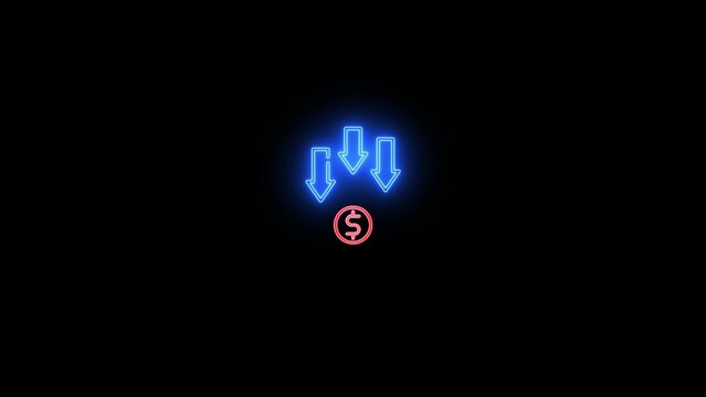 Neon blue glowing triple downward arrows with red circled dollar sign on Generate title without using the word "Title:" before it. black background bright currency