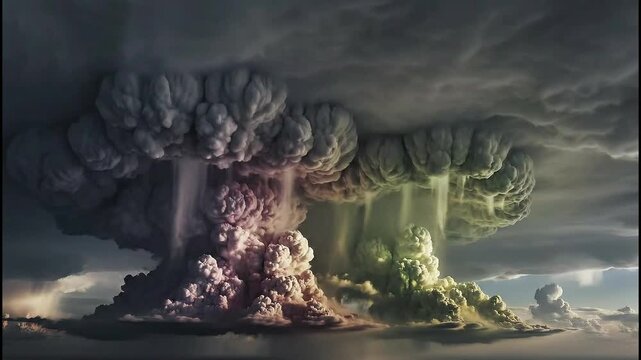 Dramatic Supercell Thunderstorm Clouds with Heavy Rain Shafts, Epic Weather Phenomenon, Powerful Nature, Atmospheric Display for Science and Climat...