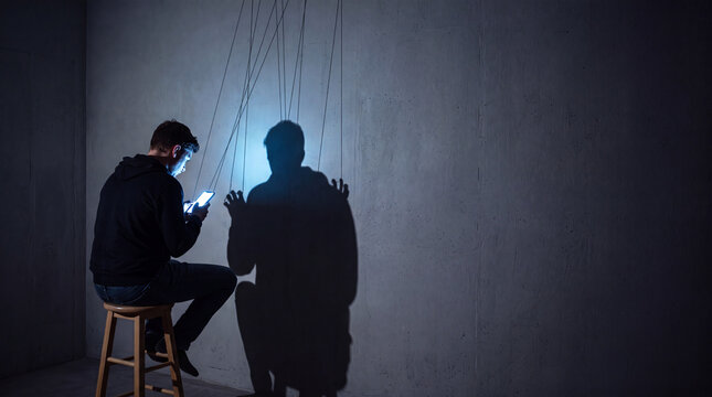 Man using glowing smartphone with puppet strings shadow on wall concept of digital control