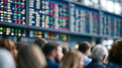 Obraz premium Blurred crowd of people watching large digital stock exchange boards displaying colorful financial data.