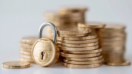 Obraz na płótnie Canvas Golden padlock secures stacks of shiny coins representing financial security and wealth protection