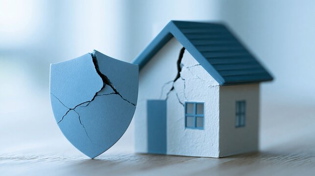 Damaged House Symbol with Cracked Shield Representing Home Insurance Claims and Property Protection