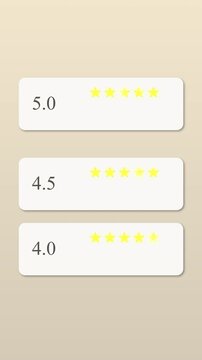 Animated customer rating cards with star scores, golden stars and text on beige
