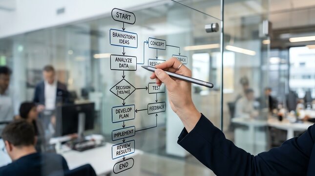 Businessman drawing a flowchart process on a glass wall in a modern office meeting room for strategic planning and project management