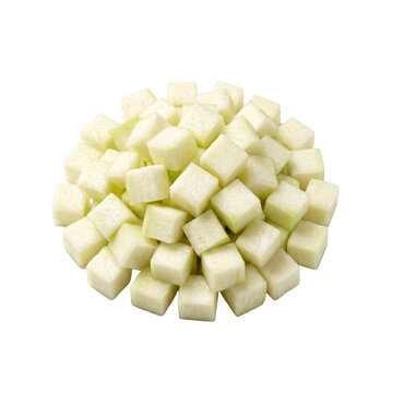 Diced bottle gourd cubes isolated. Fresh chopped calabash pieces for healthy cooking.