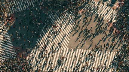 Fototapeta premium Aerial view of a massive crowd crossing a busy intersection with zebra stripes, capturing urban movement and city life energy.