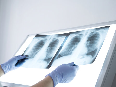 Medical Professional Examining Chest X-Ray Scans on Illuminator
