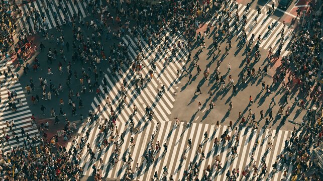 Aerial view of a massive crowd crossing a busy intersection with zebra stripes, capturing urban movement and city life energy.