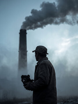 Factory Worker Holding Gas Mask Near Chimney with Industrial Smoke
