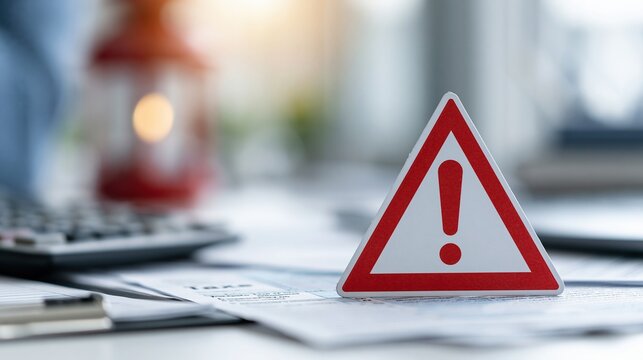 Red and white triangular warning sign with exclamation mark on desk with financial documents and calculator, representing risk or danger