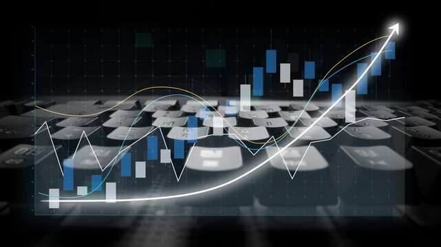 A creative depiction of financial data presented through graphs and charts on a digital calculator, illustrating the dynamics of market growth and analysis. Copula