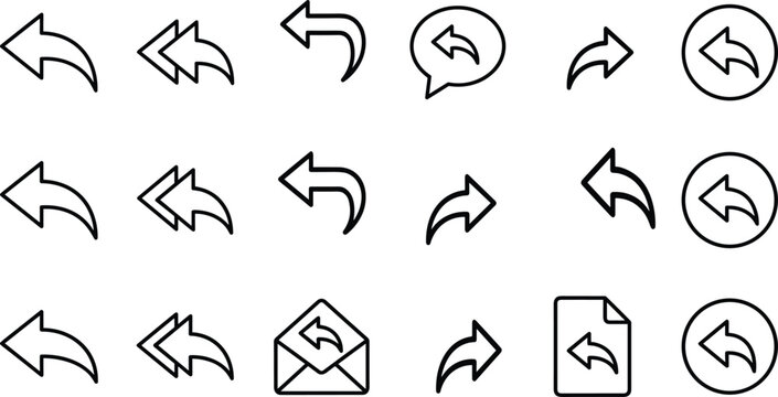 Reply and Forward Arrow Icon Set with Email Message Chat Bubbles and Document Undo Symbols for Navigation UI Web App Graphic Designs