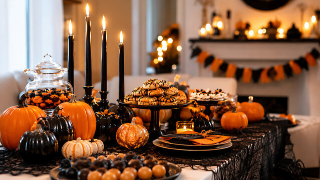 Halloween Dessert Table With Pumpkins and Candles | Spooky Party Food and Autumn Sweets | Festive Holiday Buffet Background