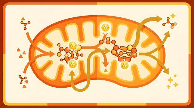 Scientific illustration of mitochondrial metabolism and energy pathways