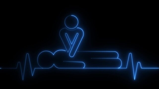 neon heartbeat icon animation. CPR chest compressions showing medical resuscitation technique for training,. CPR chest compressions heartbeat signal icon. 4k Motion video.