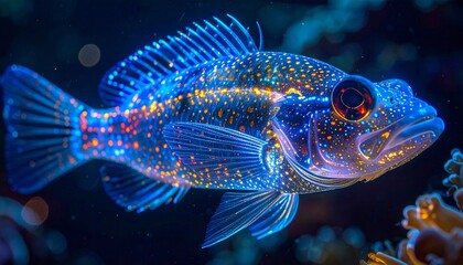 Fototapeta premium Vibrant blue deep-sea fish glowing with bioluminescent orange spots in the dark ocean depths