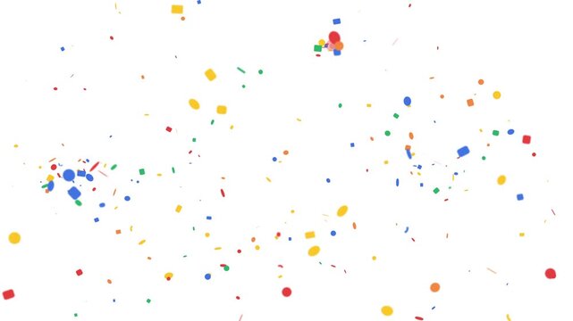 Vibrant confetti bursts in a lively celebration, featuring red, yellow, green, blue, and tangerine colors scattering dynamically against a bright white background, perfect for festive themes and