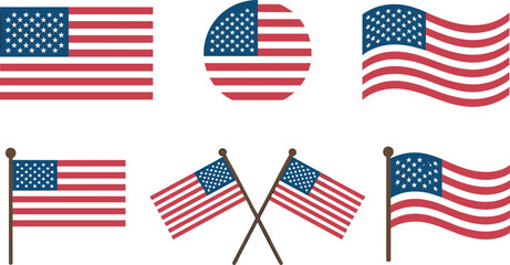 Obraz premium United States of America flag vector set featuring waving stars and stripes round circular insignias crossed flagpole banners and Fourth of July holiday design elements.