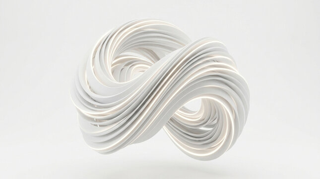 Minimalist white abstract 3D sculpture, flowing parametric torus knot with smooth curves, elegant architectural shape for modern design backgrounds