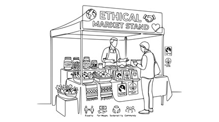 Obraz premium Hand-drawn illustration of ethical market stall with customer buying sustainable products