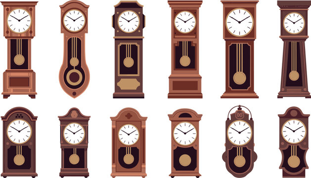 Vintage grandfather clocks vector set featuring antique wooden longcase timepieces classic floor pendulum chimes and home interior decor design elements.