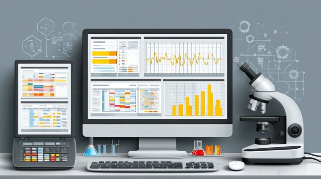Scientist analyzing omics data on computer screens. Researcher studying genomics, proteomics, and metabolomics with advanced bioinformatics software.