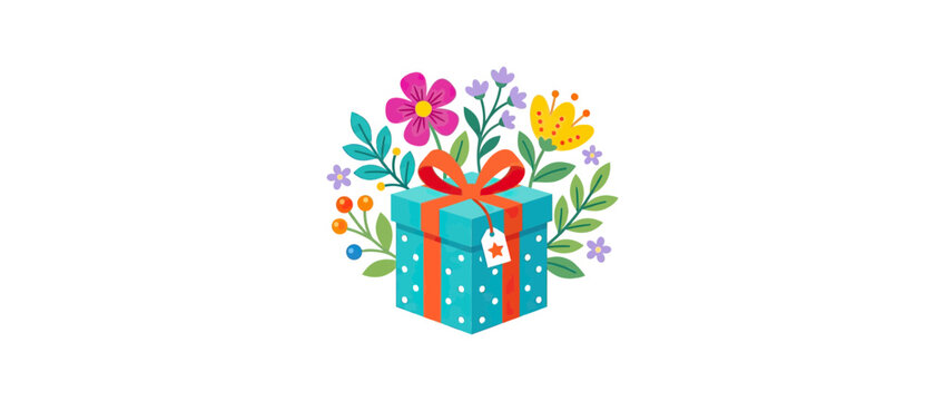 Turquoise Gift Box Surrounded by Blooming Flowers and Greenery