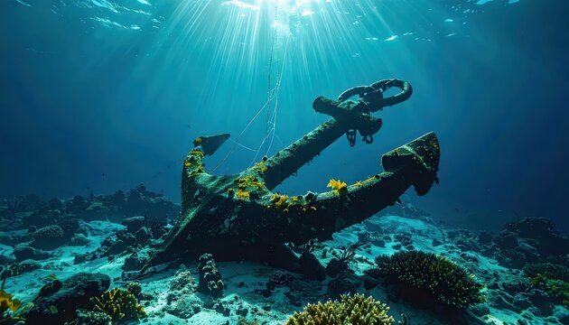 Large rusted ship anchor resting on the sandy ocean floor with coral reefs and bright sunbeams filtering through blue water with ample copy space for design.