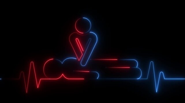 neon heartbeat icon animation. CPR chest compressions showing medical resuscitation technique for training,. CPR chest compressions heartbeat signal icon. 4k Motion video.