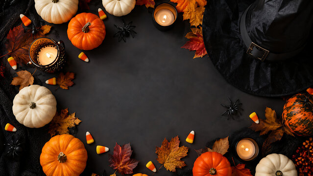 Halloween Flat Lay With Pumpkins and Candles | Autumn Black Background With Witch Hat | Spooky Seasonal Decor Frame