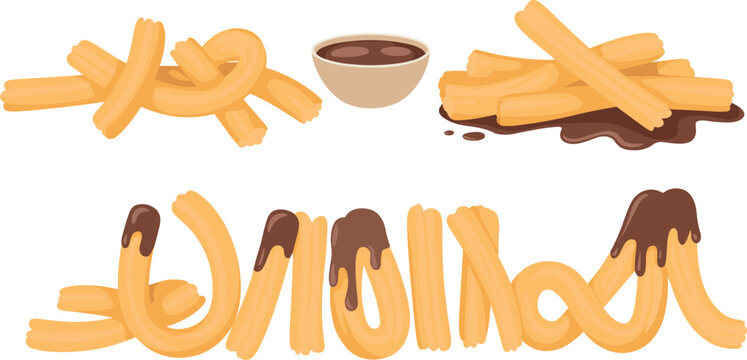 Traditional Spanish churros vector set with delicious chocolate dipping sauce isolated on white background for bakery menu design