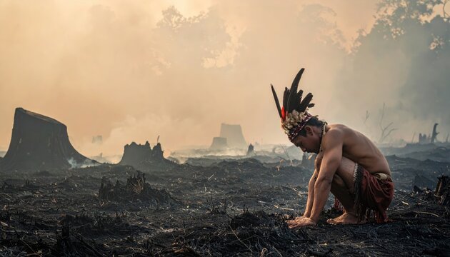 Indigenous man in traditional headdress mourning in a burnt and deforested landscape with copy space for environmental message.