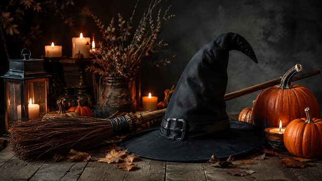 Witch Hat Broom and Pumpkin Still Life | Dark Halloween Magic Spell Background | Spooky Candlelit Witchcraft Decoration