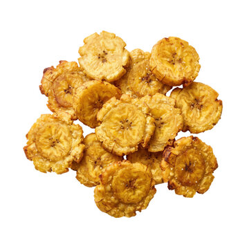 Crispy fried green plantain tostones isolated on a white background