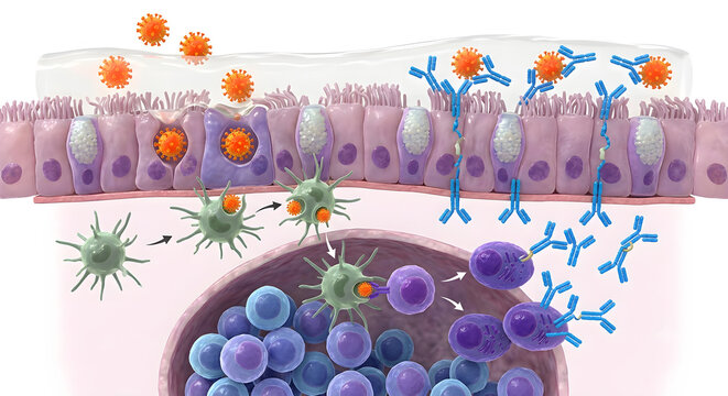 3D Render of Nasal Vaccine Antigen Triggering Local Mucosal Immunity and Secretory IgA Antibody Response in Respiratory Epithelium