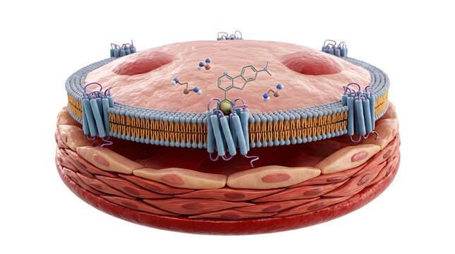 3D Scientific Render of an Antihistamine Drug Molecule Blocking a Histamine Receptor on a Blood Vessel