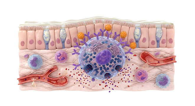 3D Medical Render of Allergic Reaction: Mast Cell Degranulation and Histamine Release in Nasal Mucosa Causing Congestion
