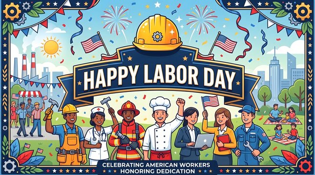 Festive Happy Labor Day horizontal banner featuring a central hardhat badge emblem surrounded by diverse group of workers including chef, doctor, builder, and engineer with fireworks display.
