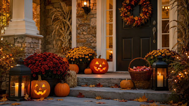 Halloween Front Porch With Pumpkins and Lanterns | Autumn Door Decor With Jack O Lanterns | Festive Haunted Home Entrance