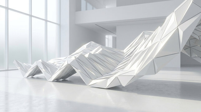 Futuristic white geometric sculpture in modern hall, abstract parametric architecture background, minimalist interior with 3D low poly installation