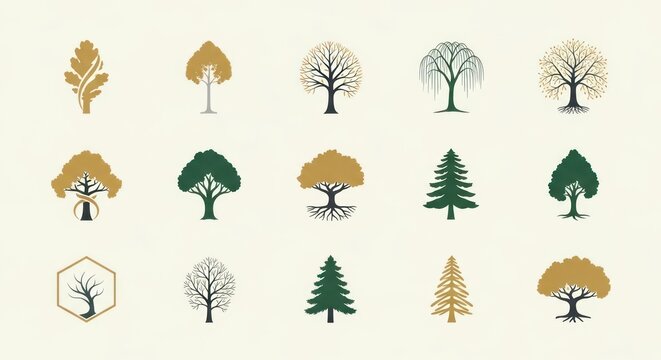 Diverse set of minimalist tree silhouettes and logos