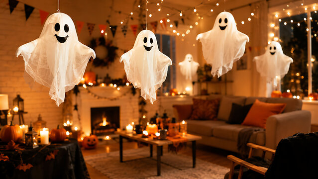 Halloween Ghost Decorations in Cozy Living Room | Floating White Ghosts and Candlelight Party Decor | Spooky Indoor Holiday Celebration