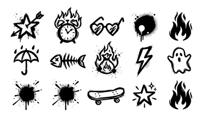Set of black graffiti spray paint icons featuring star, fire, alarm clock, sunglasses, umbrella, fishbone, ghost, lightning and skateboard © Abdullahall