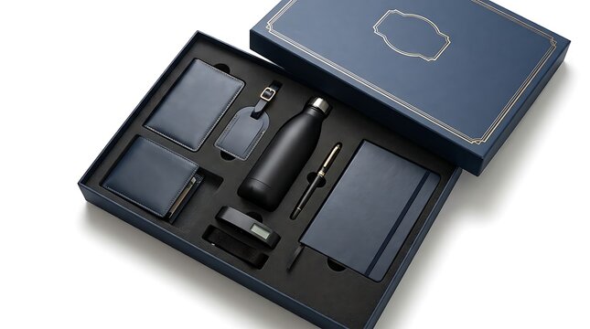 Elegant Corporate Gift Set with Notebook, Pen, and Water Bottle.